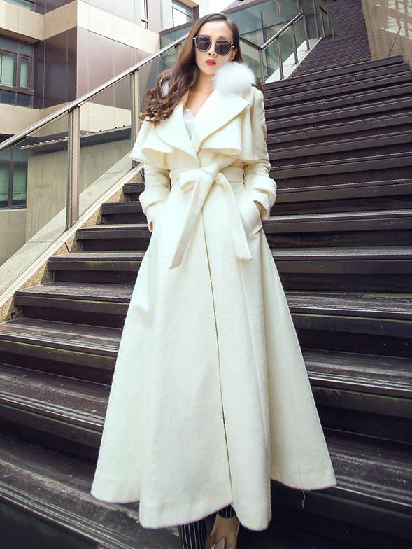 Women Maxi Coat Faux Fur Collar Long Sleeve Belted Slim Fit Wool Coat