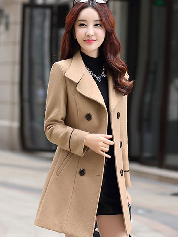 Women Pea Coat Woolen Trench Coat Long Sleeve Buttons Winter Coat Cozy Active Outerwear