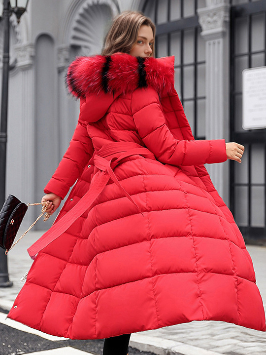 Women Puffer Coat Removable Faux Fur Collar Hooded Coat Longline Winter Coat Cozy Active Outerwear