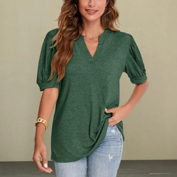 Women Summer Blouse Chic Women's V-neck Bubble Sleeve T-shirt Soft Breathable Casual Summer Blouse for A Simple Stylish Look