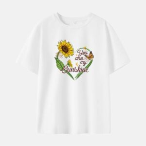 Women Sunflower Letter Heart Shape Print Cotton Stain Resistant Short Sleeve T-shirt