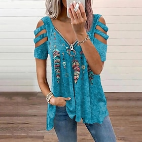 Women Tops T-Shirt Hollow-Out Shoulder Short Sleeve Casual Blouse Shirts explosive Feather Print V-Neck Zipper Shirt