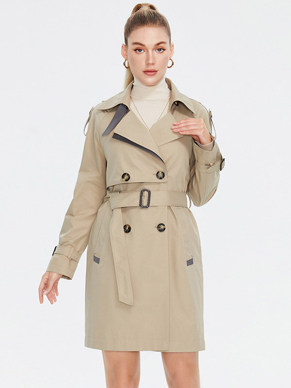 Women Trench Coat Lapel Buttons Belted Windproof Outerwear