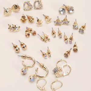 Womens 18pk Gold & Diamante Stud Earrings Set