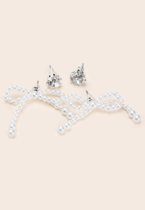 Womens 2pk Diamante & Pearl Bow Earrings