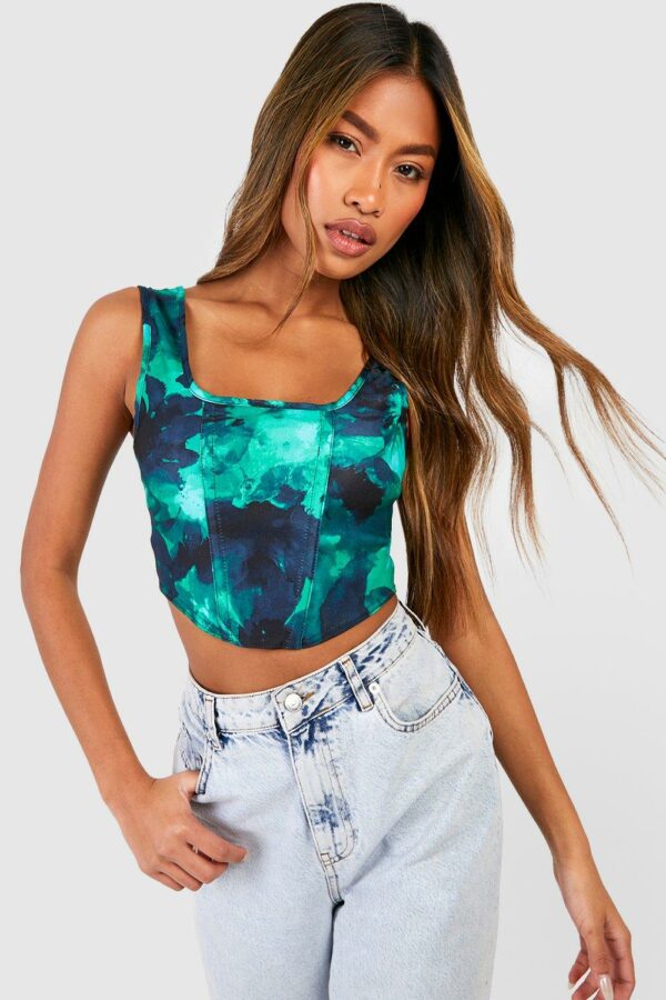 Womens Abstract Floral Printed Bengaline Corset Top - Green - 10, Green