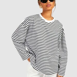 Womens Basic Cotton Oversized Long Sleeve Striped T-Shirt - White - 10, White