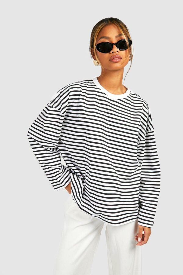 Womens Basic Cotton Oversized Long Sleeve Striped T-Shirt - White - 10, White