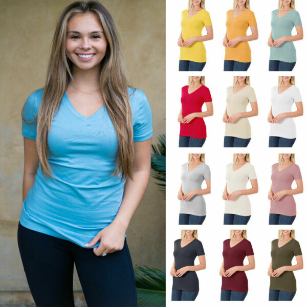 Womens Basic Solid Cotton V-Neck Short Sleeve Crew Neck T-Shirt Longer Top