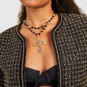 Womens Beaded Layered Cross Detail Necklace - Gold - One Size, Gold