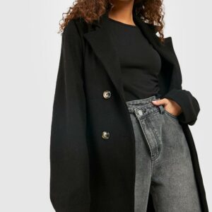 Womens Belted Double Breasted Wool Look Coat - Black - 8, Black