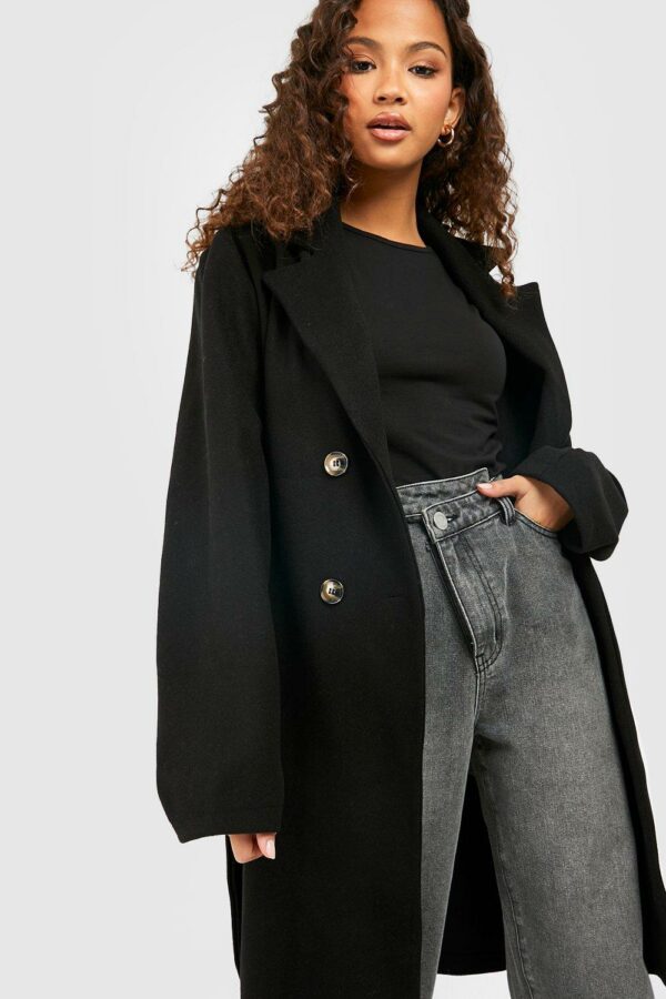 Womens Belted Double Breasted Wool Look Coat - Black - 8, Black