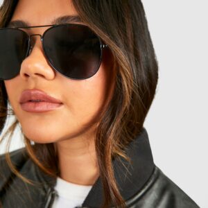 Womens Black Frame Aviator Sunglasses - One Size, Black