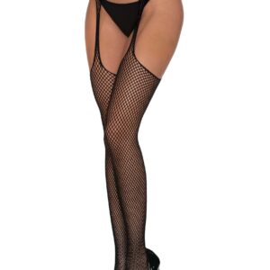 Women's Black High Waist Fishnet Garter Belt with Attached Thigh High Suspender Fishnet Stockings