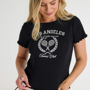 Womens Black Los Angeles Slogan Ribbed T-shirt