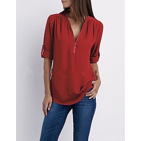 Women's Blouse Shirt Zipper Basic Plain Daily V Neck T-shirt Sleeve Regular Summer White Black Pink Grey Dark Blue