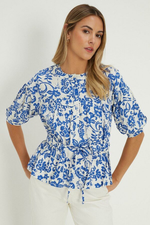 Womens Blue Printed Button Through Tie Waist Top