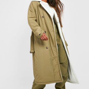 Womens Borg Lined Padded Trench Coat - Green - 12, Green