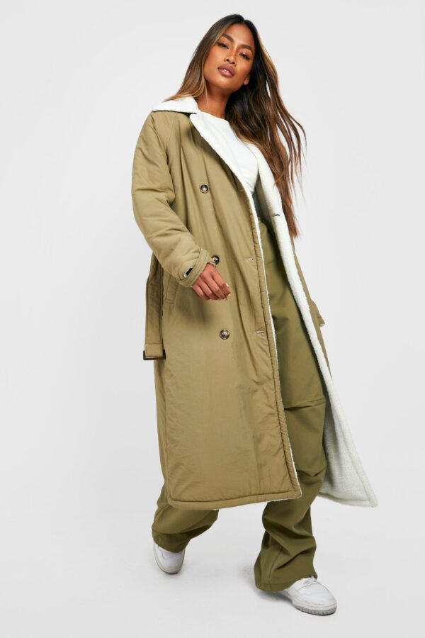 Womens Borg Lined Padded Trench Coat - Green - 12, Green