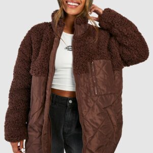 Womens Borg Trim Quilted Jacket - Brown - 10, Brown