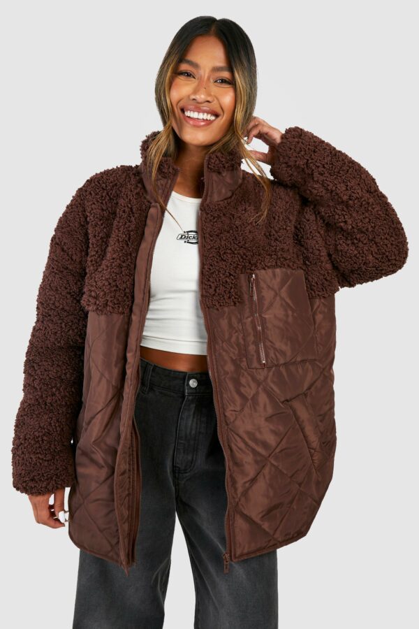 Womens Borg Trim Quilted Jacket - Brown - 10, Brown