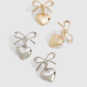 Womens Bow & Heart Drop Earrings Multipack - One Size, Multi