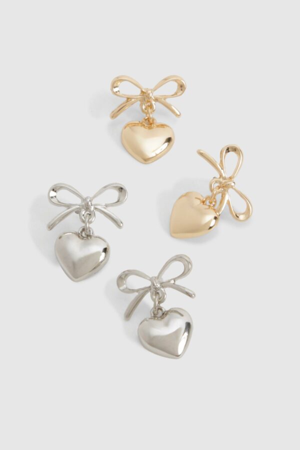 Womens Bow & Heart Drop Earrings Multipack - One Size, Multi