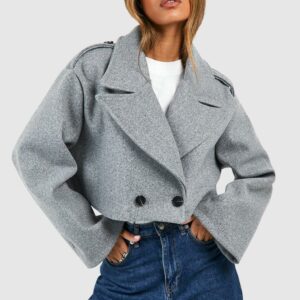 Womens Boxy Shoulder Detail Short Wool Look Coat - Grey - 14, Grey