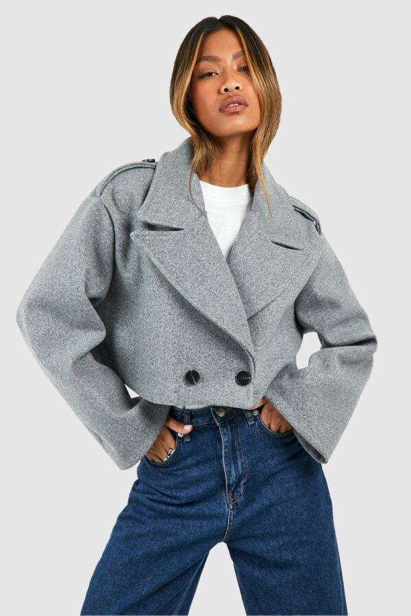 Womens Boxy Shoulder Detail Short Wool Look Coat - Grey - 14, Grey