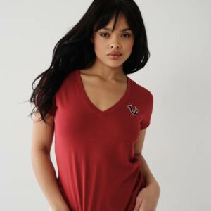 Women's Buddha Logo V T-Shirt | Ruby Red | Size XL | 100% Cotton | True Religion