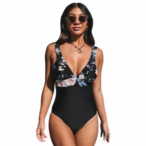 Women's CUPSHE Floral V-Neck Wide Strapped One Piece Swimsuit, Size: Medium, Black