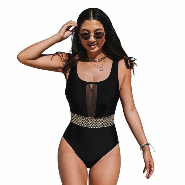 Women's CUPSHE Shimmer Waist Tummy Control Mesh Plunge One-Piece Swimsuit, Size: XL, Black