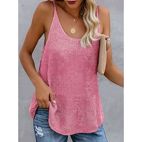 Women's Camisole Tank Top White Pink Blue Color Block Sleeveless Causal Holiday Basic Vacation U Neck Regular Cotton S