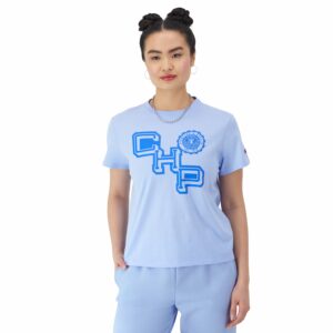 Women's Champion T-Shirt, Block Script Logo Graphic Pewter Blue M