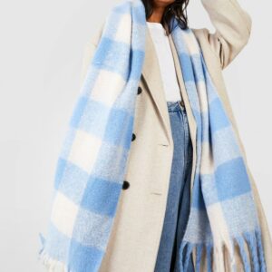 Womens Check Chunky Knit Scarf - Blue - One Size, Blue