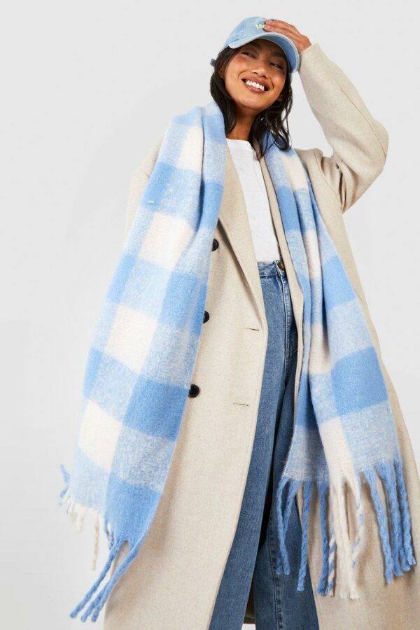 Womens Check Chunky Knit Scarf - Blue - One Size, Blue