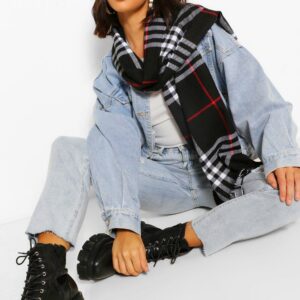 Womens Checked Fringe Hem Scarf - Black - One Size, Black