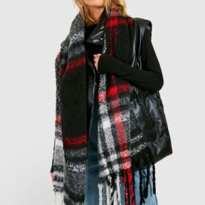 Womens Chunky Black & Red Checked Tassel Scarf - Multi - One Size, Multi