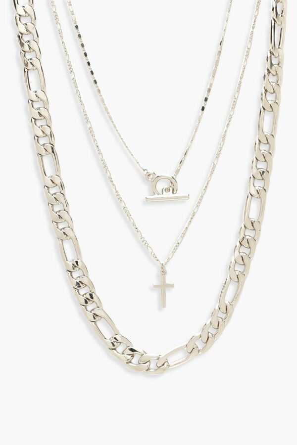 Womens Chunky Chain & T-Bar Layered Necklace - Grey - One Size, Grey