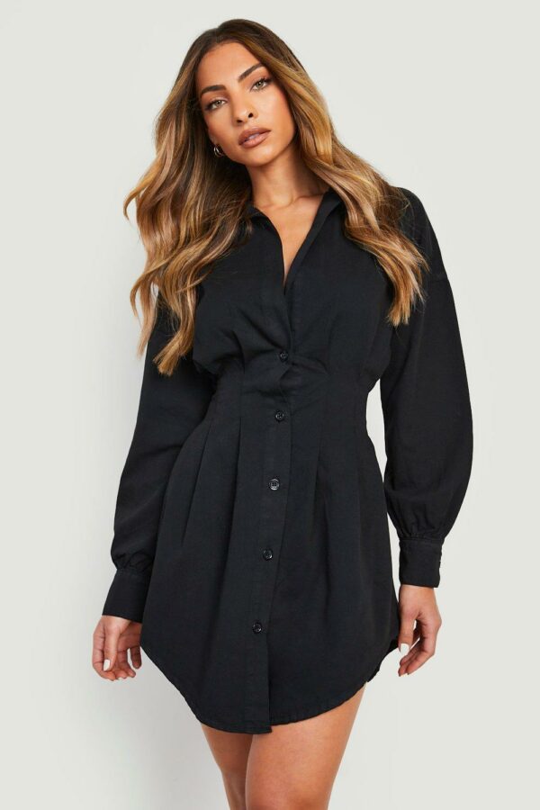 Womens Cinched Waist Denim Shirt Dress - Black - 12, Black