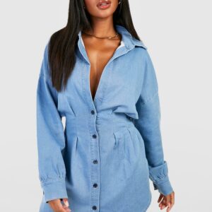 Womens Cinched Waist Denim Shirt Dress - Blue - 12, Blue