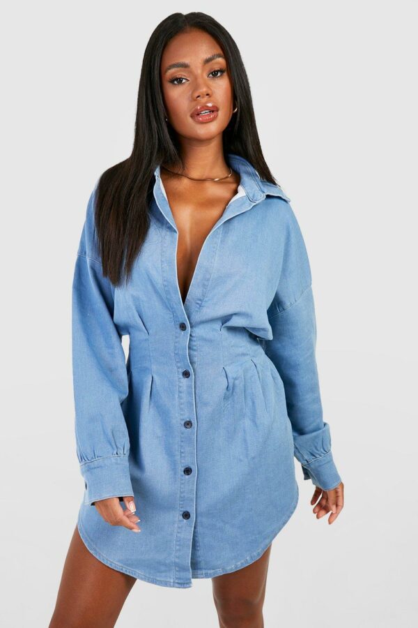 Womens Cinched Waist Denim Shirt Dress - Blue - 12, Blue