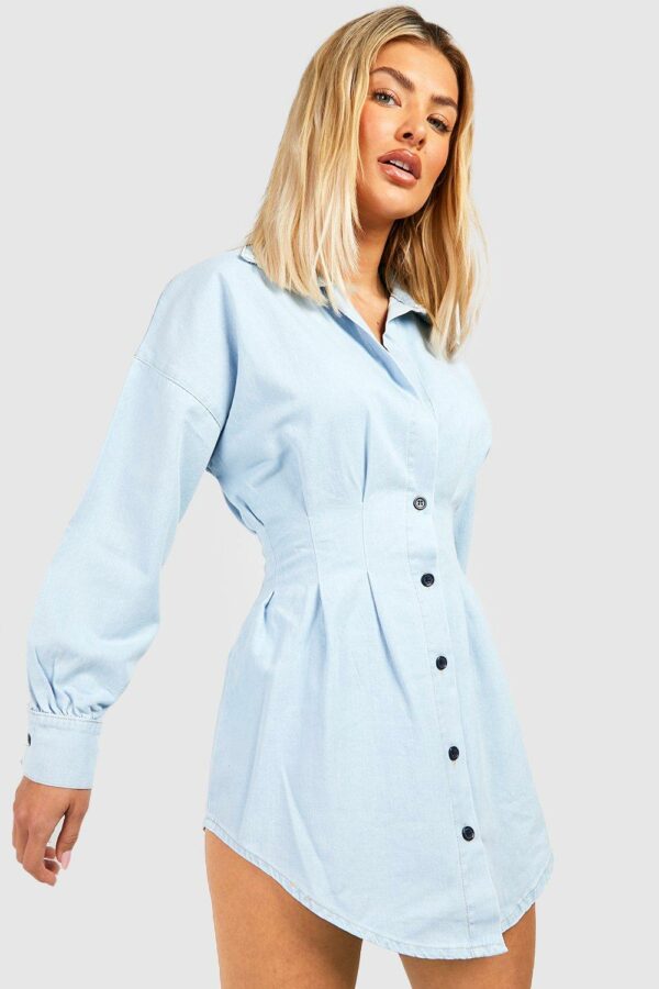 Womens Cinched Waist Denim Shirt Dress - White - 10, White