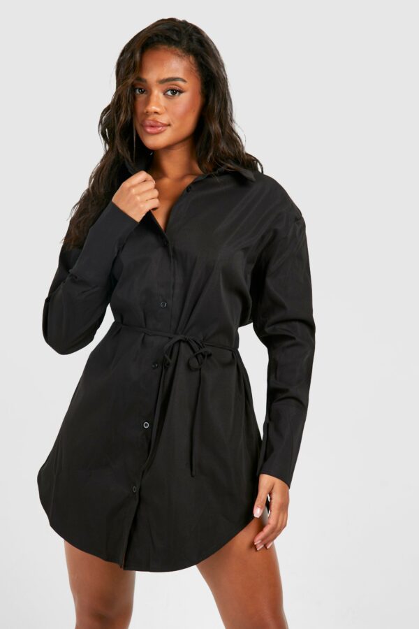 Womens Cinched Waist Shoulder Pad Shirt Dress - Black - 14, Black