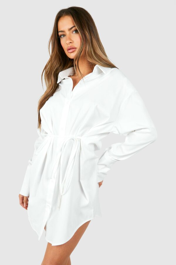 Womens Cinched Waist Shoulder Pad Shirt Dress - White - 12, White