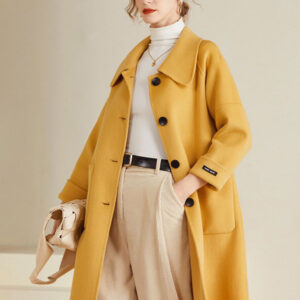 Women's Coat 100% Wool Yellow Winter Midi Outerwear 2024