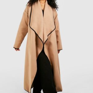 Womens Contrast Binding Super Oversized Waterfall Wool Look Coat - Beige - 8, Beige