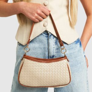 Womens Contrast Piping Woven Shoulder Bag - Brown - One Size, Brown