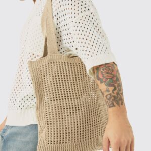 Womens Crochet Tote Bag In Stone - Beige - One Size, Beige