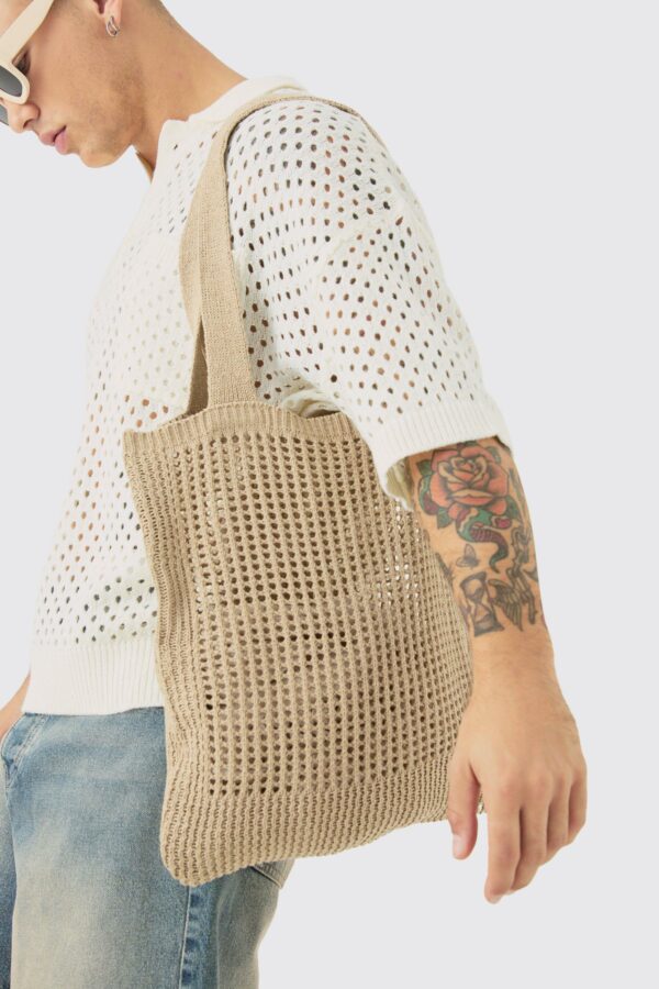 Womens Crochet Tote Bag In Stone - Beige - One Size, Beige